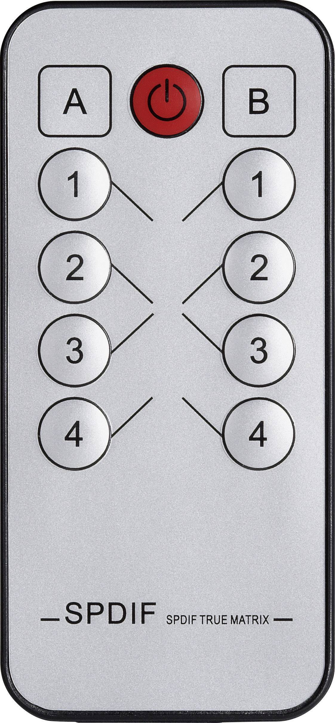 Fernbedienung mit Tasten: 'A' und 'B' oben, vier nummerierte Tasten unter jedem Buchstaben, rote Ein/Aus-Taste oben in der Mitte, Beschriftung 'SPDIF True Matrix'.
