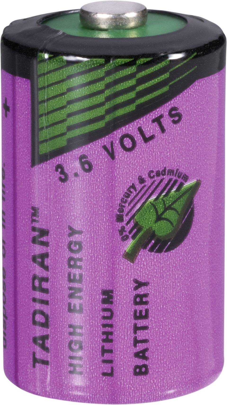 Lila Lithium-Batterie mit Text '3.6 Volts', Marke 'Tadiran', kein Quecksilber oder Cadmium, grüne Oberfläche oben.
