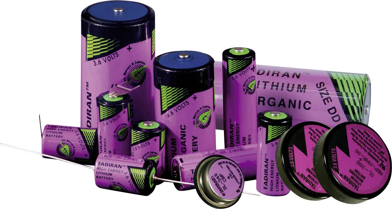 Verschiedene violett-grüne Lithium-Batterien in unterschiedlichen Größen und Formen sind auf einem weißen Hintergrund dargestellt.