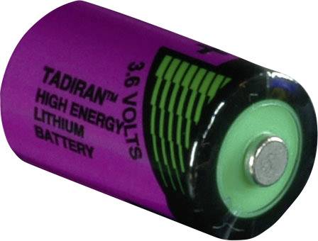 Lila Batterie von Tadiran mit der Aufschrift '3,6 VOLTS HIGH ENERGY LITHIUM BATTERY', grünem Pluspol und schwarzem Rand.