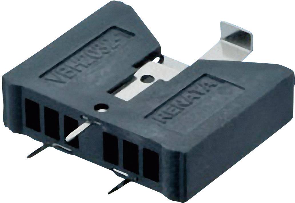 Ein schwarzes elektrisches Bauteil mit Stahlzungen und Stiften für den Steckplatz. Oberseite mit Prägung.