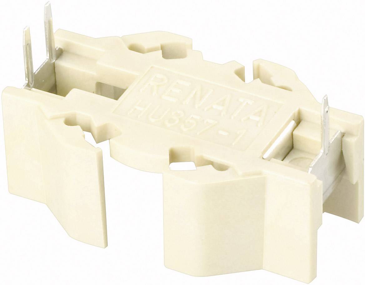 Beige Batteriehalter mit der Aufschrift 'RENATA HU857-1', zeigt Steckverbindungen für Knopfzellenbatterien.