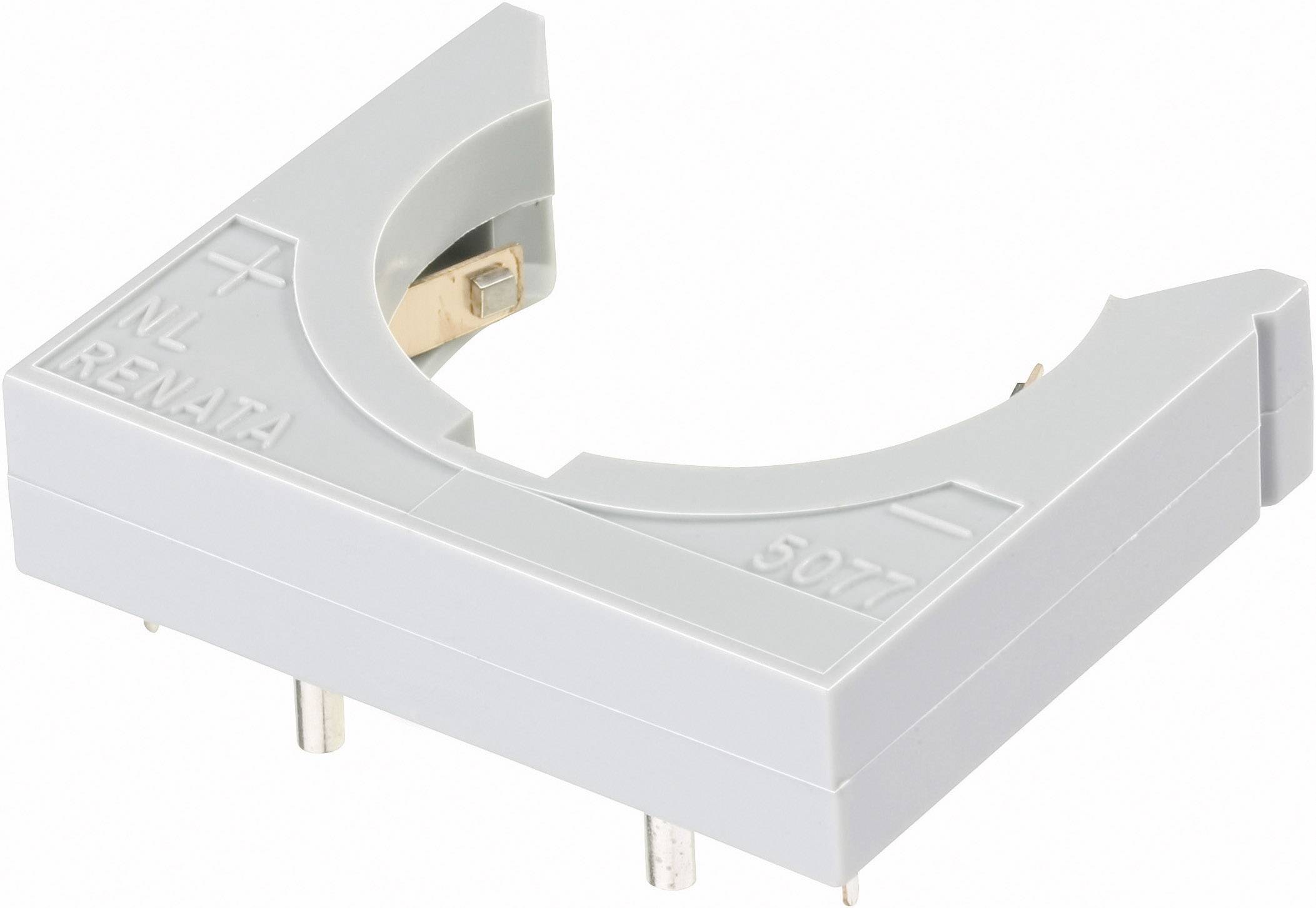 Batteriehalter aus grauem Kunststoff mit drei Metallkontakten. Beschriftet mit 'NL Renata 5077'.