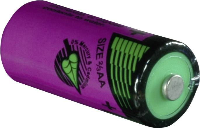Lila-zylindrische AA-Batterie mit einem grünen Symbol auf der Seite, zeigt Polaritätsmarkierungen an den Enden.