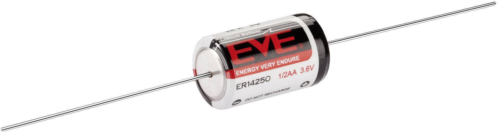 Batterie im Zylinderformat mit roten Aufschrift 'EVE', Modell ER14250, 3,6V, mit zwei langen Anschlüssen auf jeder Seite.