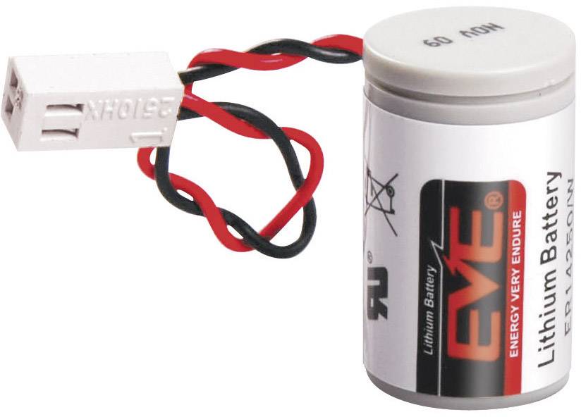 Batterie mit Kabelanschluss und Aufdruck 'EVE Energy, Lithium Battery'. Zylinderform, Hinweis auf 3,6 V Spannung.