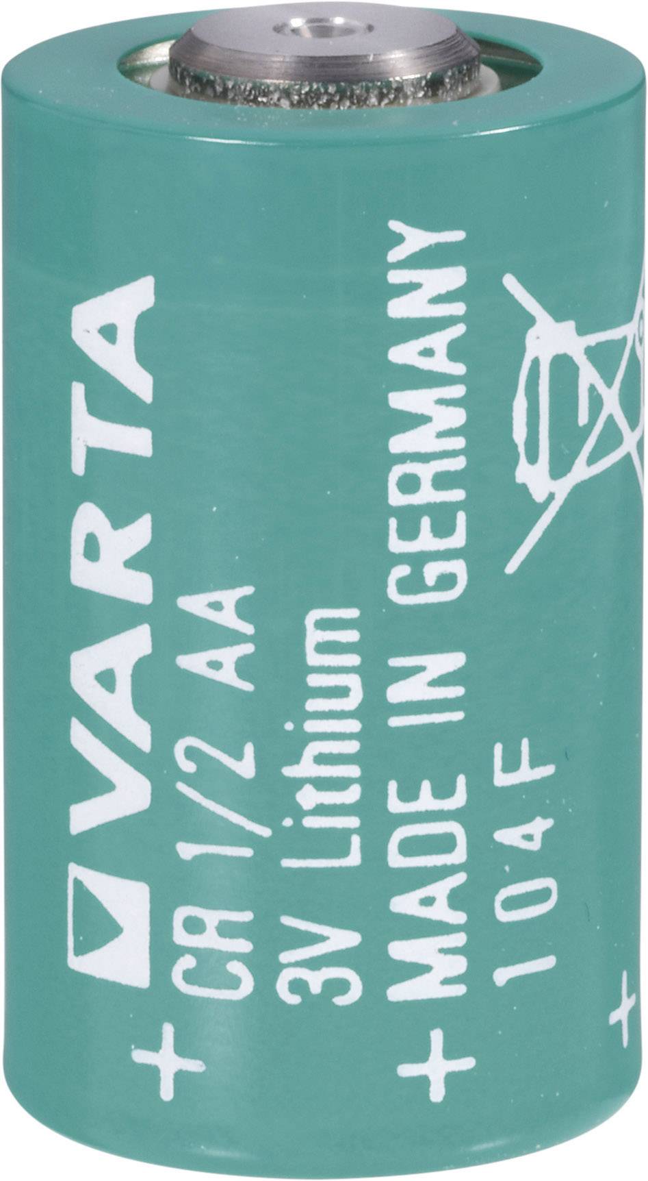Eine grüne Lithium-Batterie mit Aufschrift 'Varta', '3V', 'Made in Germany'.