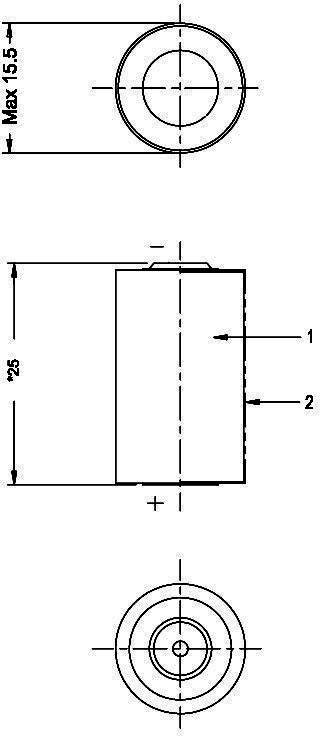 Technische Zeichnung eines zylindrischen Bauteils mit Maßen: max. Durchmesser 15,5 mm, Länge 25 mm. Zeigt Vorder-, Seiten- und Draufsicht.