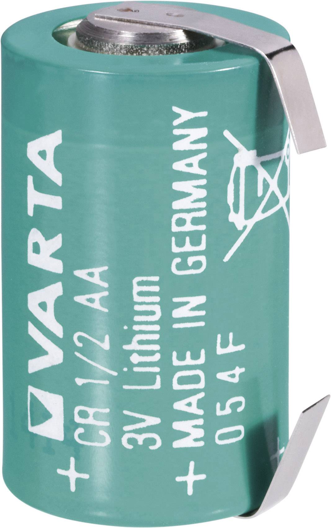 Lithium-Batterie mit der Aufschrift 'VARTA CR 1/2 AA, 3V Lithium, Made in Germany'. Grüne Zelle mit zwei Metalllaschen.