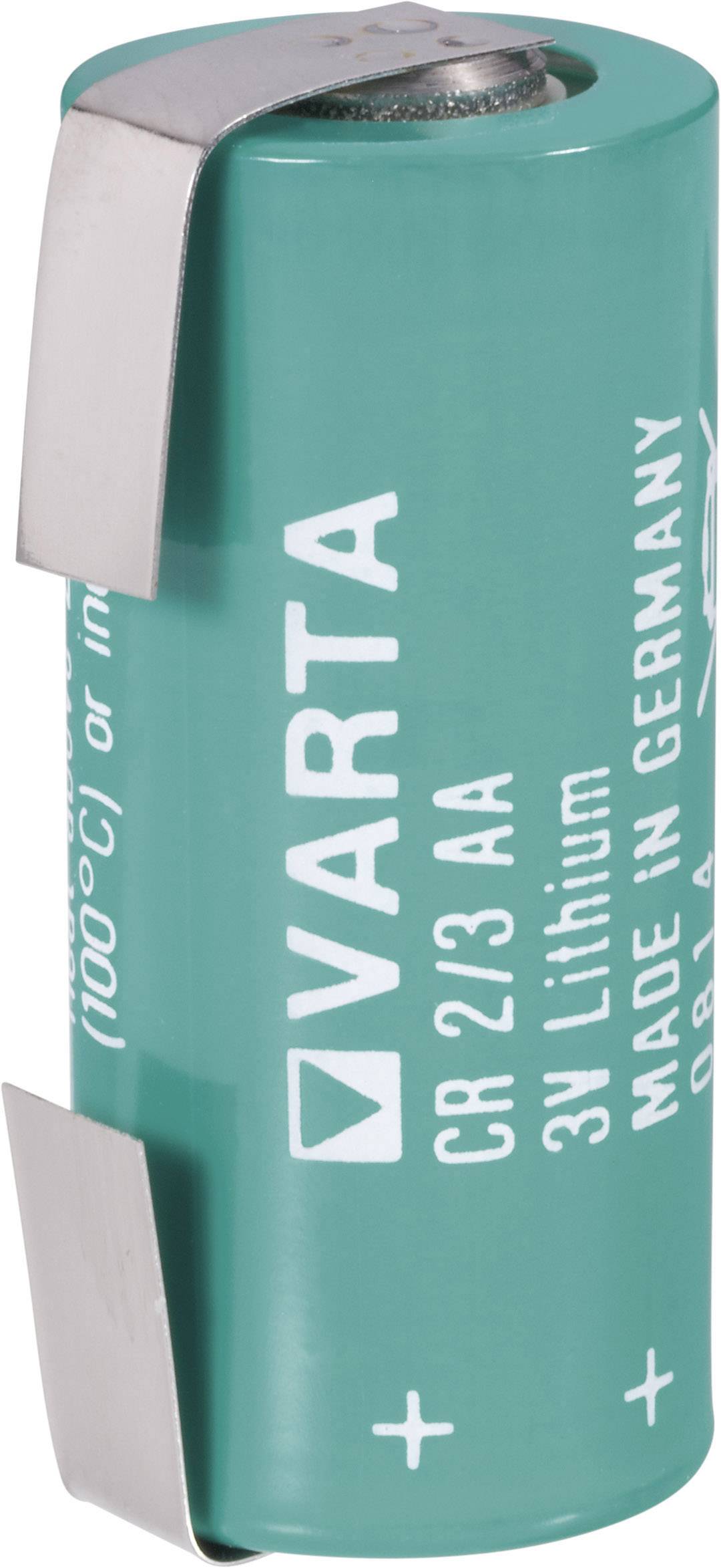 Eine grüne Lithium-Batterie der Marke VARTA, Modell CR 2/3 AA, mit einer Spannung von 3V. Herstellung in Deutschland.