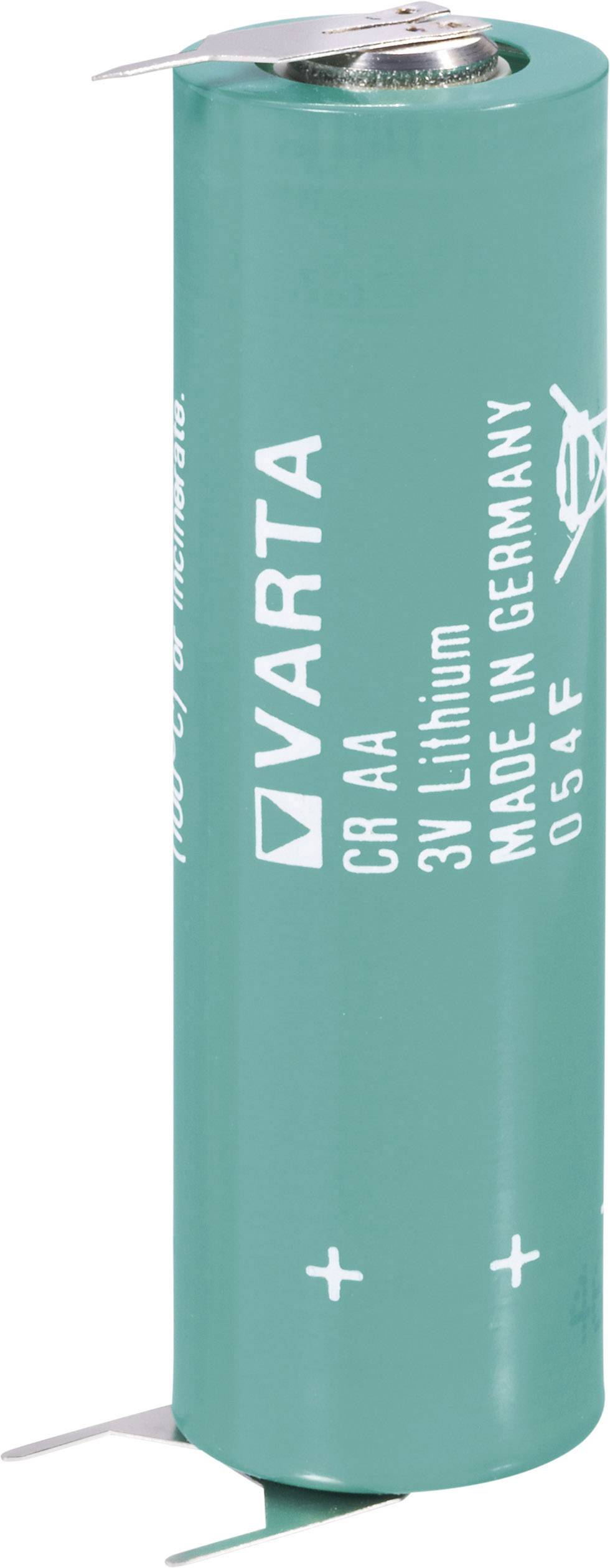 Grüne Lithium-Knopfzellenbatterie der Marke Varta, aufrecht stehend, mit sichtbaren Plus- und Minuspolen, produziert in Deutschland.