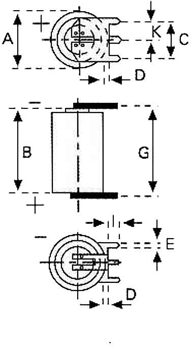 Technische Zeichnung zeigt drei Ansichten eines zylindrischen Bauteils mit Markierungen der Maße A, B, C, D, E, G und K.