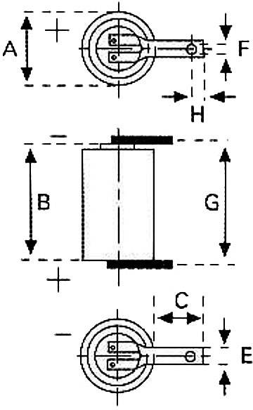 Technische Zeichnung eines zylindrischen Objekts mit Maßangaben A, B, C, E, F, G, H, illustriert aus verschiedenen Ansichten.