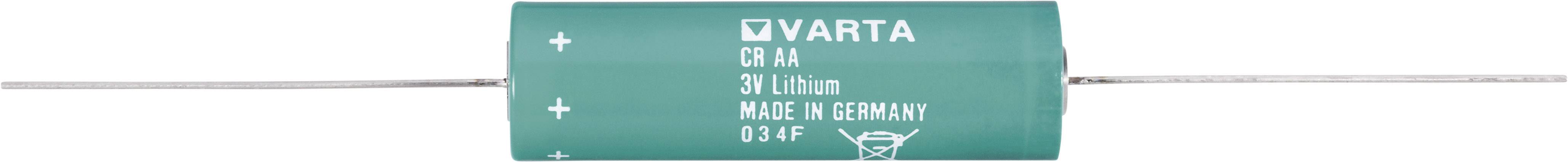 Grüner axialer Elektrolytkondensator von Varta mit der Aufschrift 'VARTA CR 1/2AA 3V 950mAh' und 'Made in Germany'.