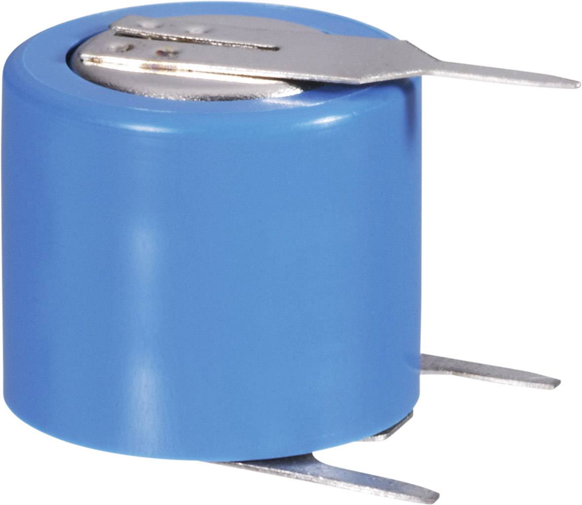 Blauer Elektrolytkondensator mit zwei Metallanschlüssen, seitlich dargestellt.