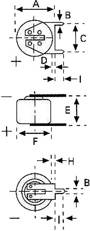 Diagramm zeigt die Maße eines Knopfzellenhalters. Markierungen für Höhe, Breite und Tiefe sind mit Buchstaben A bis I gekennzeichnet.