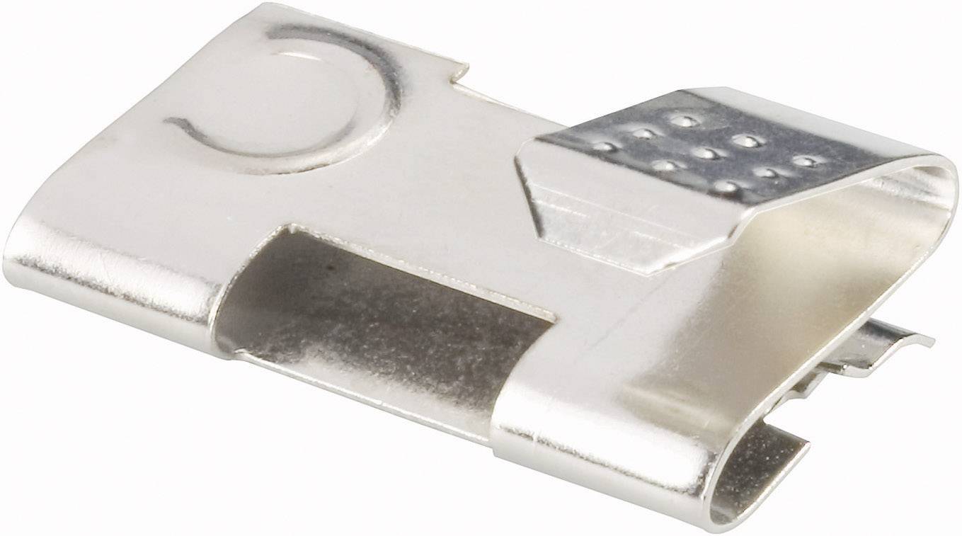 Ein silberner Metallclip mit abgerundetem Ende und geprägten Punkten auf der Oberfläche.
