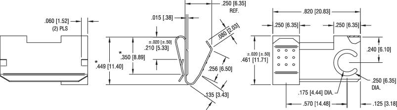 Technische Zeichnung eines Bauteils mit Maßen in Zoll. Zeigt Seiten-, Schnitt- und Vorderansicht mit detaillierten Abmessungen und Winkeln.