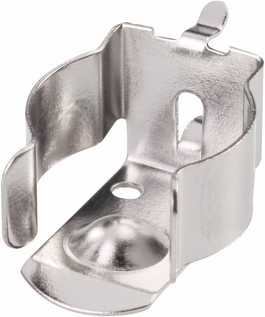 Ein silberner Metallclip mit einer kreisförmigen Basis und zwei seitlichen Armen, zur Befestigung von Gegenständen an einer Oberfläche.