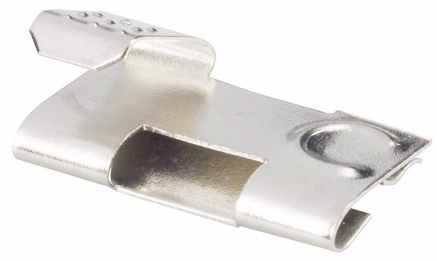 Ein silberner Metallclip zum Befestigen von Objekten, flach und rechteckig mit abgerundeten Kanten und einer kleinen vertieften Fläche.