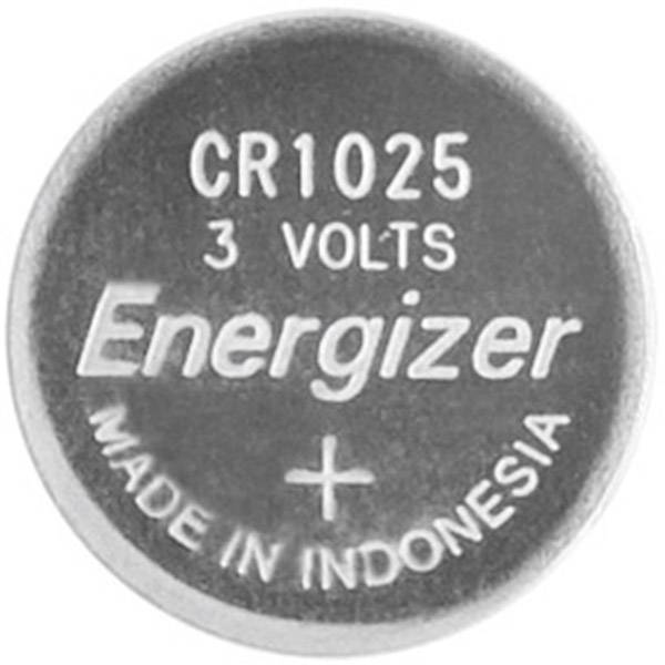 Runde Knopfzelle der Marke Energizer, Modell CR1025, 3 Volt, hergestellt in Indonesien.
