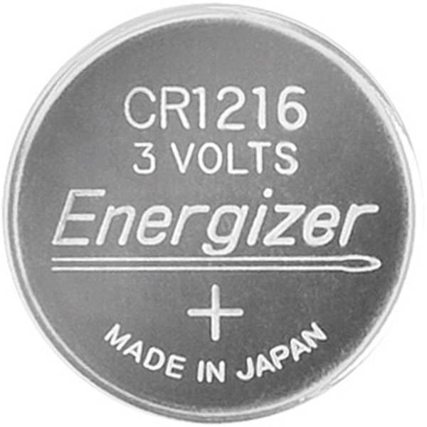 Runde Knopfzelle der Marke 'Energizer' mit Aufschrift 'CR1216 3 Volts Made in Japan'.