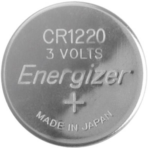 Eine runde silberne Knopfzellenbatterie mit der Aufschrift 'CR1220 3 Volts Energizer, Made in Japan'.