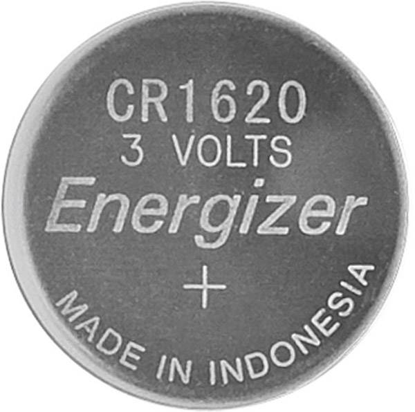 'CR1620, 3 Volts, Energizer, Made in Indonesia' auf einer silbernen Knopfzellenbatterie.