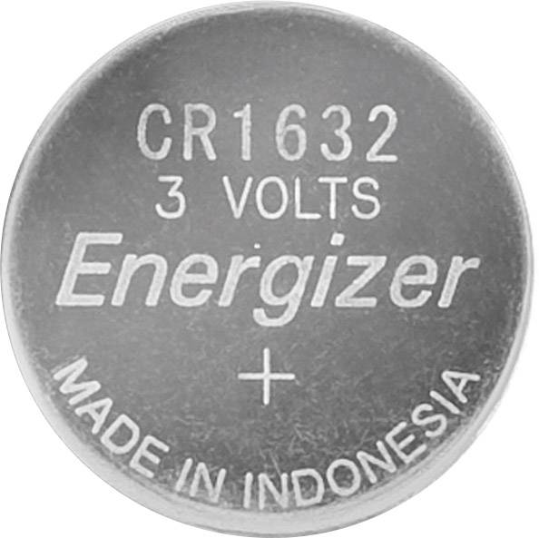 Runde Knopfzelle mit der Aufschrift 'CR1632 3 Volts Energizer, Made in Indonesia' auf der Oberseite.
