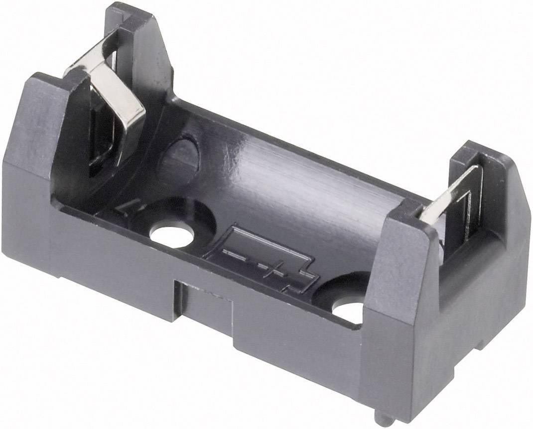 Batteriehalter aus Kunststoff für eine einzelne Zelle, mit Metallkontakten für den Anschluss.