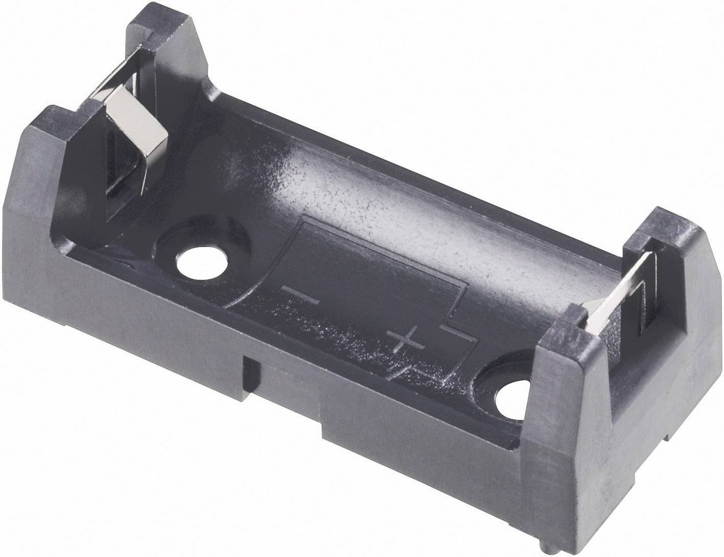 Ein schwarzer Batteriefachhalter aus Kunststoff für eine einzelne Batterie, mit Plus- und Minuspol-Anschlüssen an den Enden.