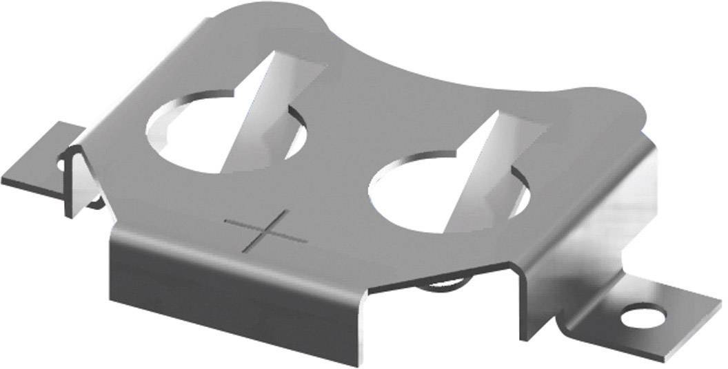 Metallhalterung mit zwei runden Öffnungen und geprägtem Kreuz. Designed zur Befestigung von elektrischen Bauteilen.