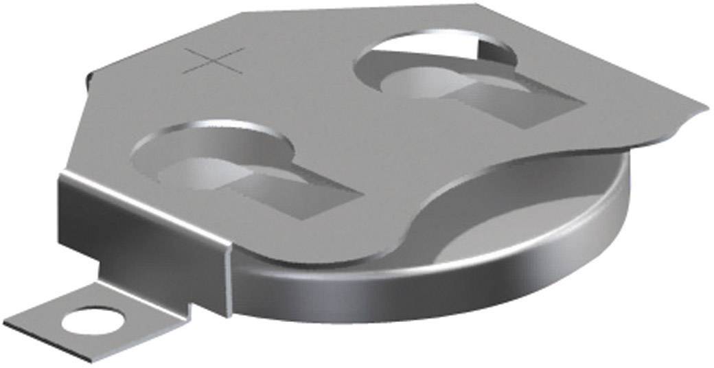 Silberne Knopfzellen-Batteriehalterung aus Metall mit zwei Öffnungen und einer Befestigungslasche links.