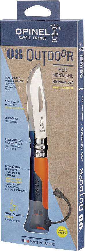 Opinel N°08 Outdoor 254269 Outdoormesser mit Fangriemen, mit Signalpfeife Orange