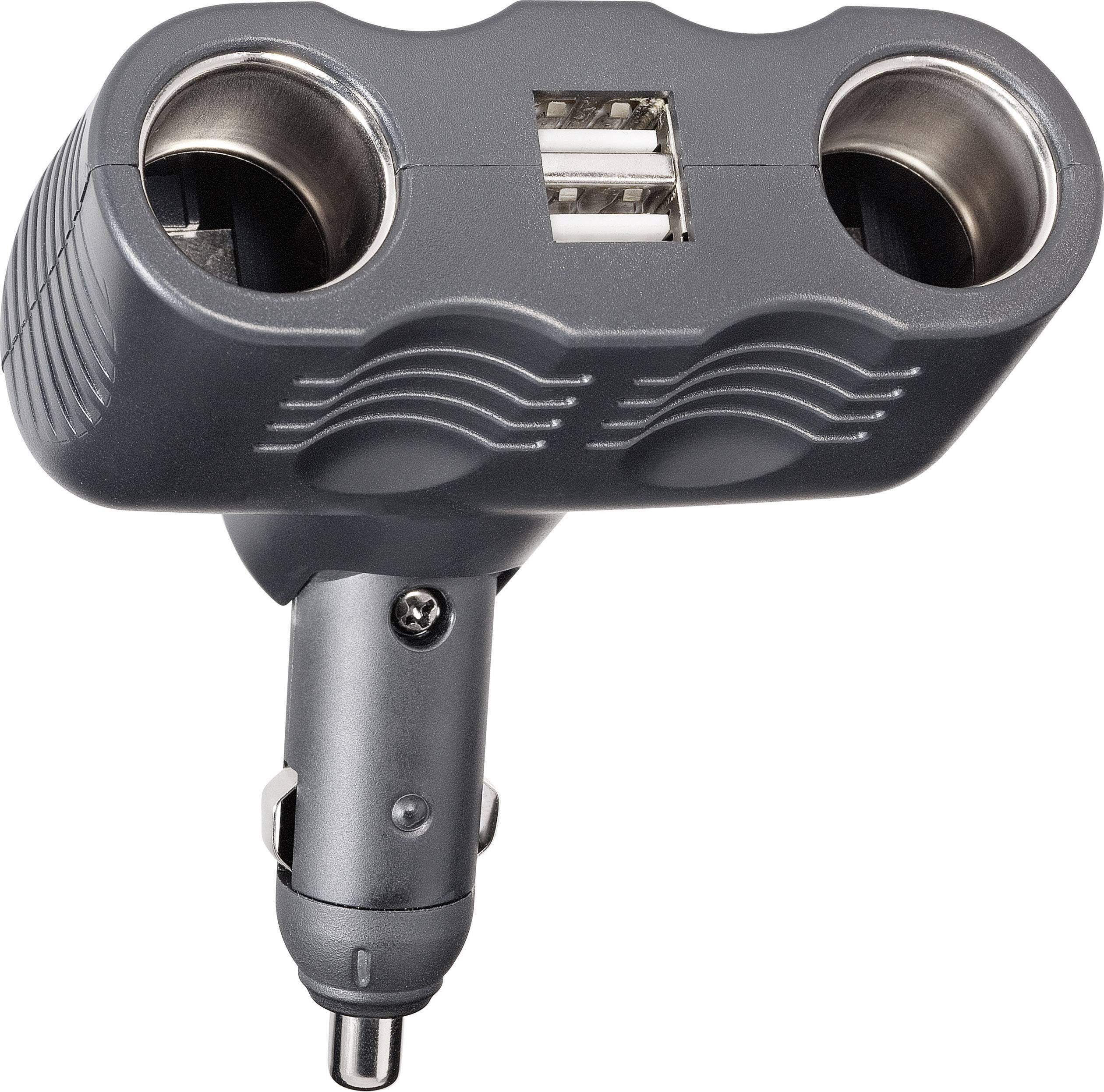 Kfz-Ladeadapter mit zwei Zigarettenanzünderbuchsen und einem Dual-USB-Anschluss, geeignet für den Zigarettenanzünder im Auto.