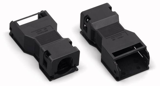 Zwei schwarze Kunststoffgehäuse, möglicherweise für elektronische Steckverbindungen, zeigen offene Enden mit Platz für Anschlüsse.