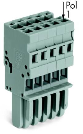 Ein grüner Steckverbinder mit mehreren Steckplätzen, markiert mit 'Pol 1', verwendet für elektrische Verbindungen.