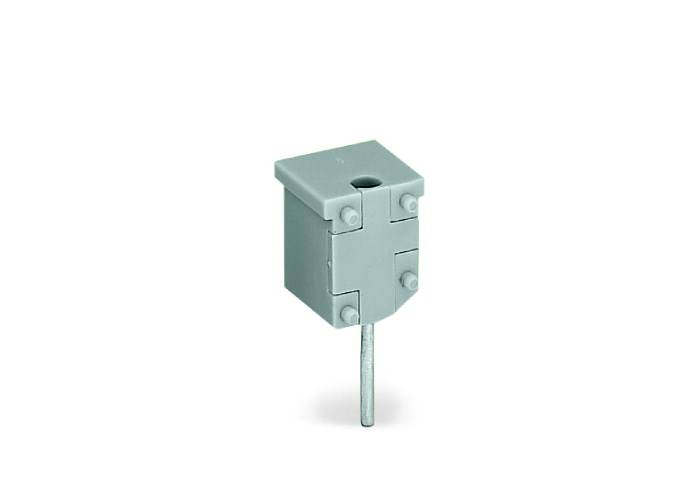 Bild eines grauen Elektronikbauteils mit zylindrischem Anschlussstift unten. Das Bauteil scheint für die Montage auf einer Leiterplatte geeignet zu sein.