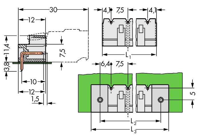 Technical drawing with dimensions of a component, showing a cross-section and top view. Dimensions and structure detailed.