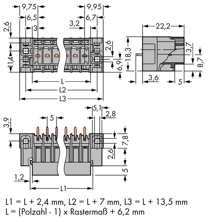 WAGO Buchsengehäuse-Platine 769 Polzahl Gesamt 13 Rastermaß: 5mm 769-643/004-000 15St.
