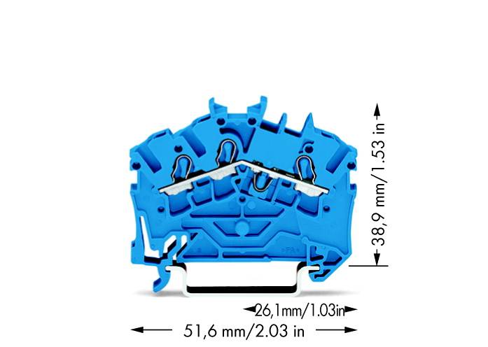 Blauer elektrischer Steckverbinder mit Abmessungen: Breite 51,6 mm (2,03 Zoll), Tiefe 26,1 mm (1,03 Zoll), Höhe 38,9 mm (1,53 Zoll).