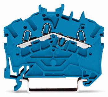 Ein blauer, elektrischer Klemmblock. Er hat Metallkontakte und dient zum Verbinden von elektrischen Leitern.