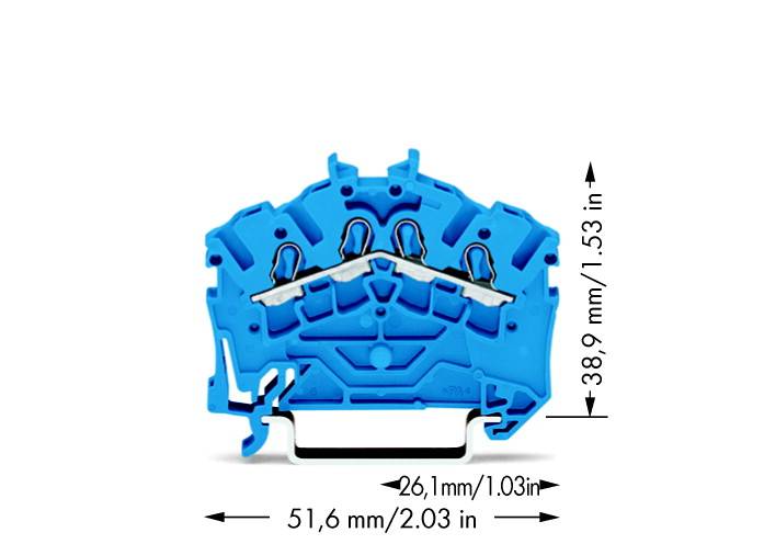 Blauer, elektronischer Klemmenblock mit markierten Abmessungen: 51,6 mm Breite, 38,9 mm Höhe und 26,1 mm Tiefe.