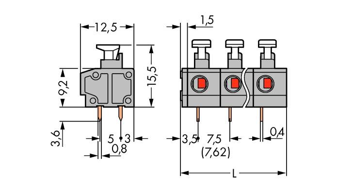 WAGO 235-502/331-000 Federkraftklemmblock 0.75 mm² Polzahl 2 Grau 280 St.