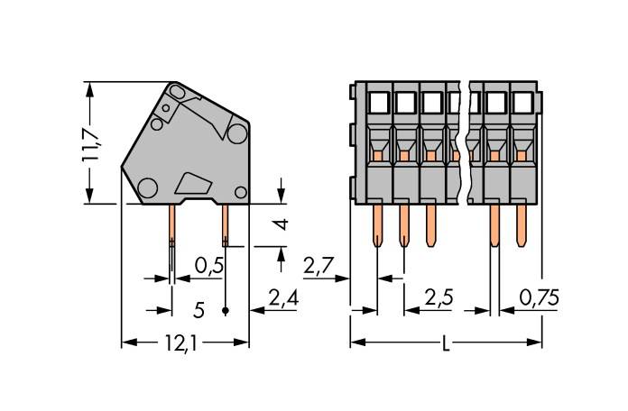 WAGO 233-110 Federkraftklemmblock 0.50mm² Polzahl 10 Grau 180St.