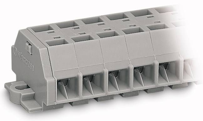 Graues elektrisches Steckbrett mit mehreren Anschlüssen und quadratischen Öffnungen, möglicherweise zum Anschließen elektrischer Drähte.