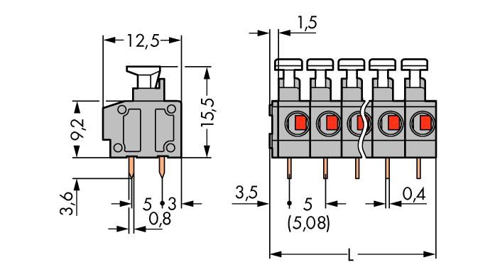 WAGO 235-409/331-000 Federkraftklemmblock 0.75mm² Polzahl 9 Grau 100St.