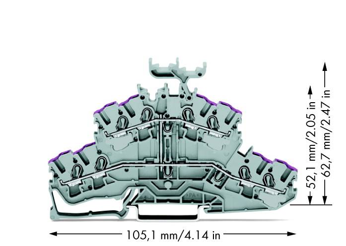 Dreistockiger grauer Klemmenblock, Ansicht von der Seite, mit Maßen: Breite 105,1 mm, Höhe 62,7 mm, Tiefe 52,1 mm.