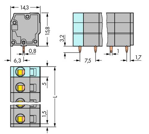 WAGO 739-205 Federkraftklemmblock 2.50 mm² Polzahl 5 Grau 120 St.