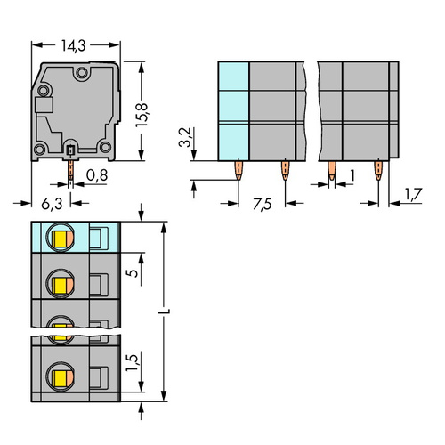 WAGO 739-205 Federkraftklemmblock 2.50mm² Polzahl (num) 5 Grau 120St.